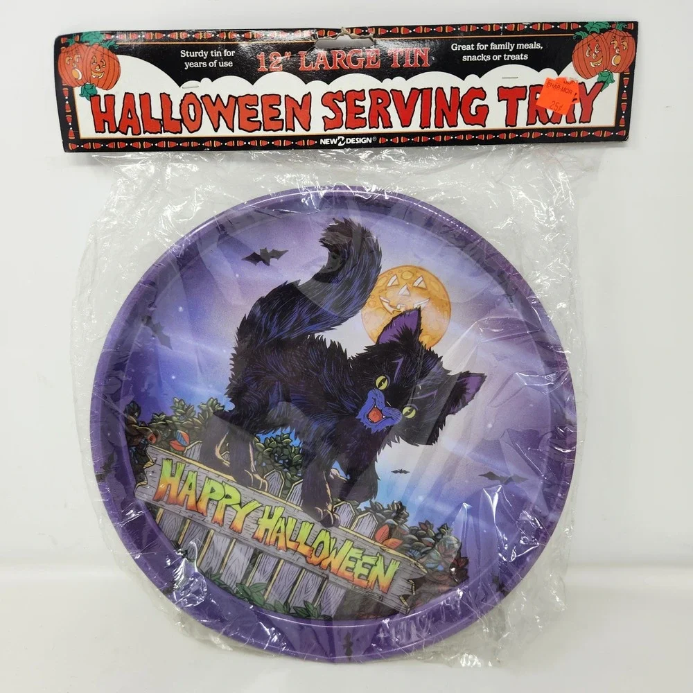 Vintage New Design 12 Inch Halloween Serving Tray Tin Black Cat Purple Round NIP